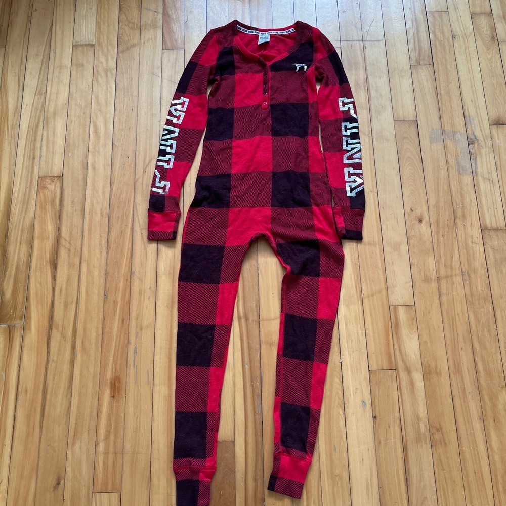 Victoria's Secret PINK Buffalo Plaid Thermal Onesie Red Black XS flannel Pyjama